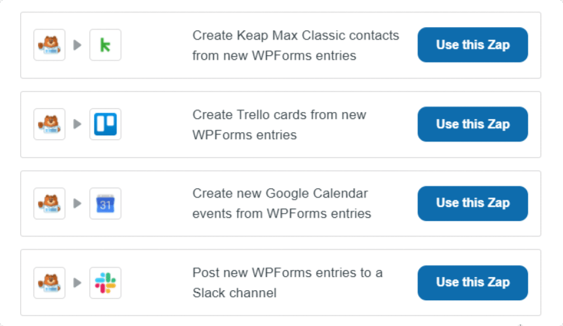 applications prises en charge par l'intégration zapier de wpforms