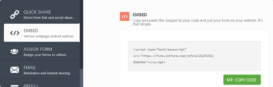 ตัวเลือกการฝัง Jotform